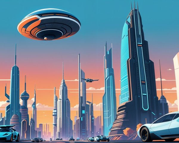 Futuristic cityscape with skyscrapers and UFOs