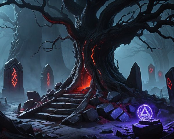 Ancient Tree with Glowing Runes in Mystical Forest