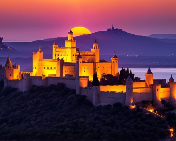 Majestic castle on a hill at sunset with vibrant sky