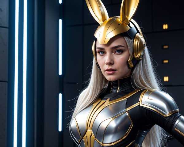 Futuristic Superheroine in Metallic Suit with Helmet