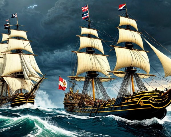 Grand Sailing Ships Battling Stormy Seas and Waves