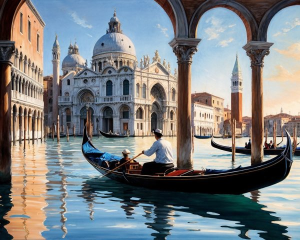 Gondolier in Venice Under Ornate Arches and Reflections