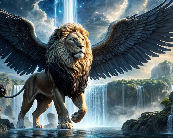 Majestic Winged Lion in a Mystical Landscape