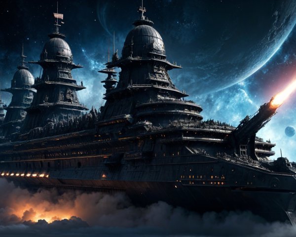 Intricately Designed Battleship in Cosmic Space Scene
