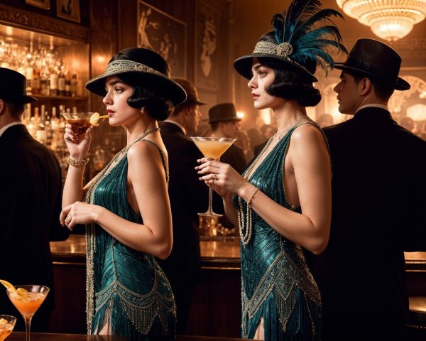1920s Speakeasy Scene with Flapper Fashion and Cocktails