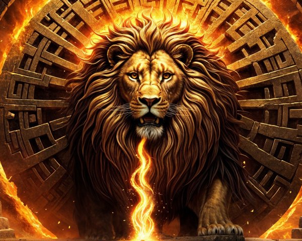 Majestic lion guarding a mystical stone portal