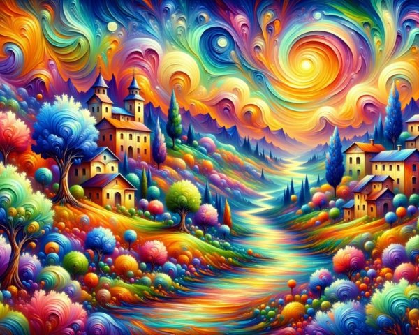 Vibrant Landscape with Colorful Hills and Whimsical Homes
