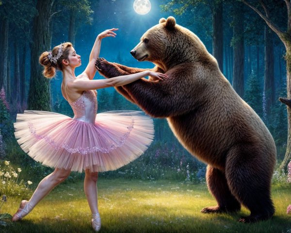 Ballerina and Bear Dance in Enchanted Woodland Scene