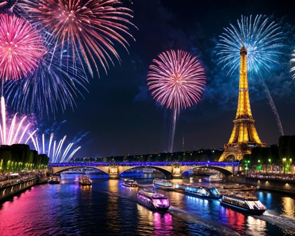 Night Scene of Eiffel Tower with Fireworks in Paris