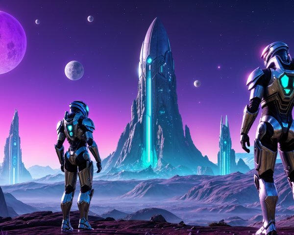 Futuristic figures on rocky terrain with glowing structure