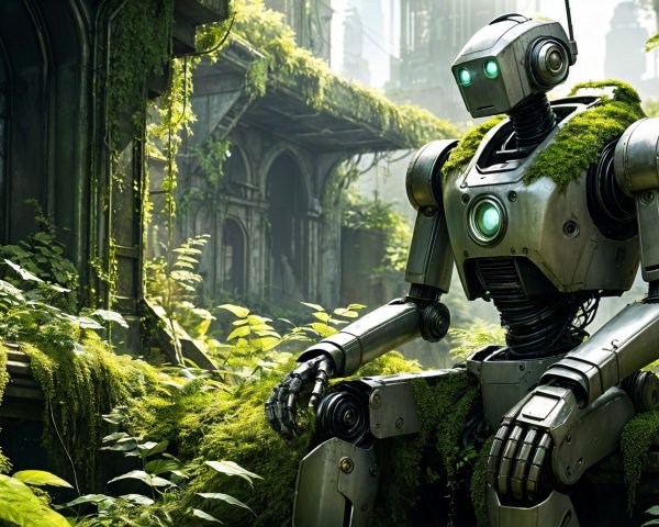 Futuristic robot in a lush, overgrown landscape