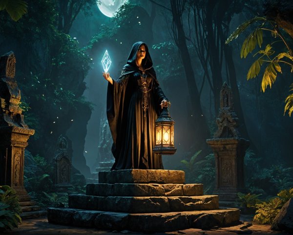 Cloaked Figure with Crystal in Mystical Jungle Scene