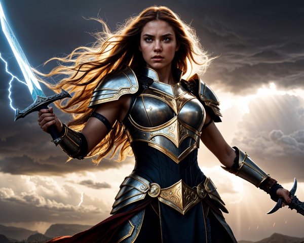Fierce warrior in ornate armor with stormy backdrop