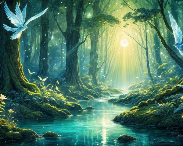 Magical forest scene with ancient trees and stream