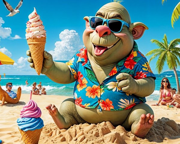 Cartoon Creature Enjoying a Day at the Beach