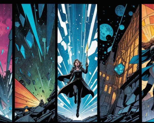 Comic-Style Illustration of Cosmic Landscapes and Figures