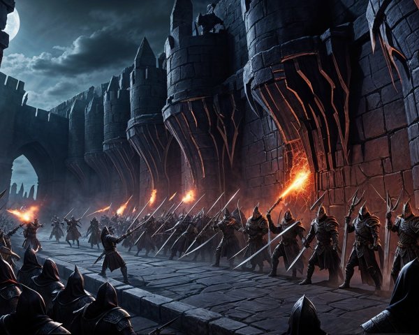 Ominous Fortress with Armored Soldiers and Cloaked Figures