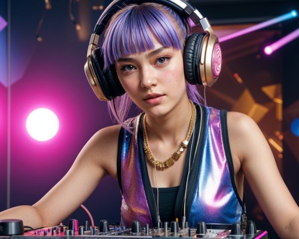 Young DJ with Purple Hair at Mixing Station