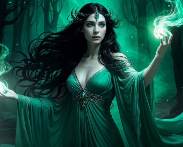 Sorceress in Enchanted Forest with Ethereal Orbs