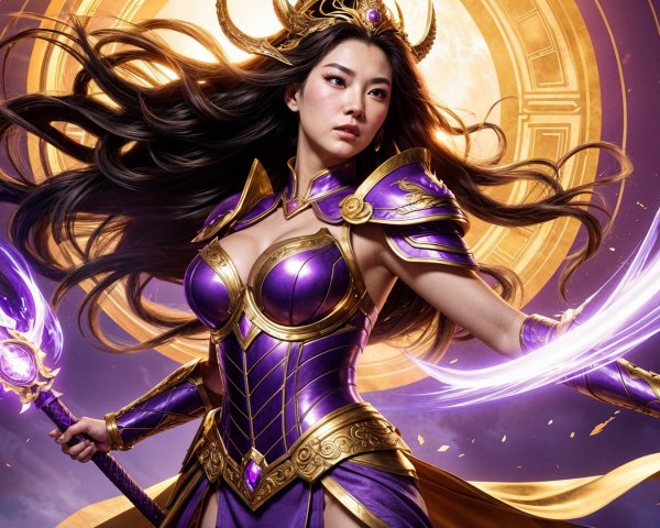 Warrior in Purple and Gold Armor with Glowing Staff