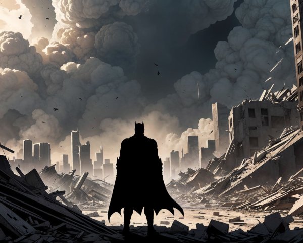 Solitary Figure in Devastated Urban Landscape