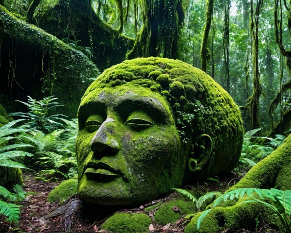 Ancient Stone Head Surrounded by Lush Forest Foliage