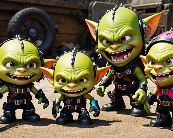 Cartoon Goblins with Quirky Accessories in Rustic Setting