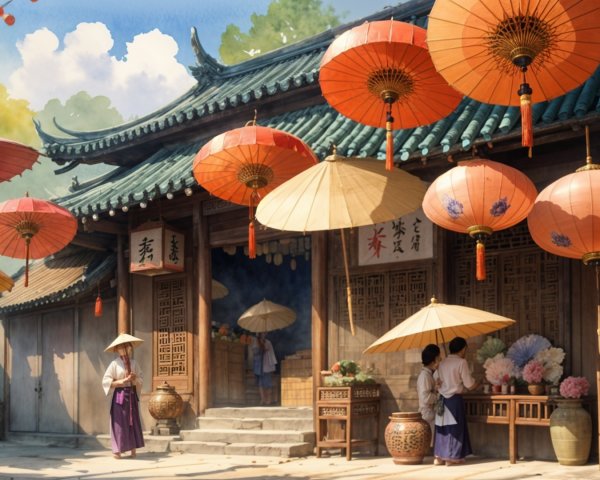 Traditional Marketplace with Lanterns and Flowers