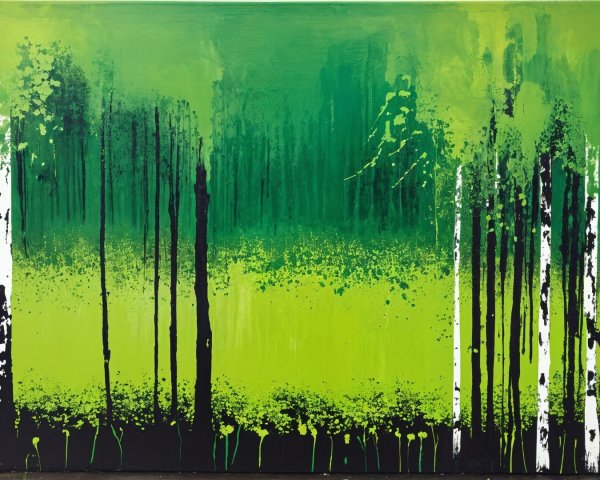 Vibrant Abstract Painting of a Lush Forest Scene