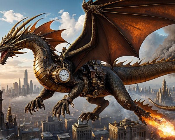 Steampunk Dragon Flying Over City Skyline