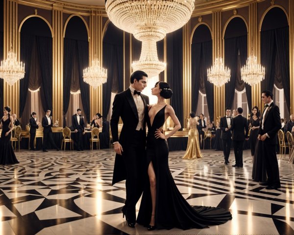 Elegant Ballroom with Dancing Couple and Opulent Decor