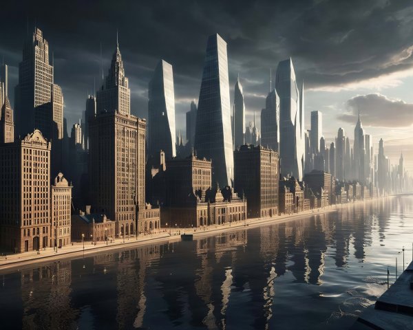 Futuristic cityscape with river and diverse architecture