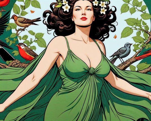 Woman in Green Gown Surrounded by Nature and Birds