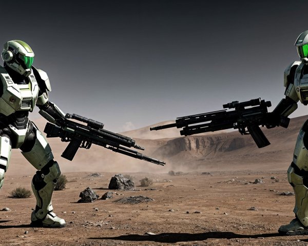 Futuristic Robots in Desert Landscape with Rifles