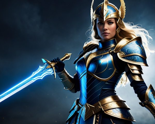 Young Female Warrior in Blue and Gold Armor
