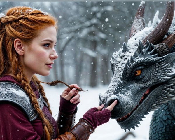 Young Woman and Dragon in Enchanted Winter Forest