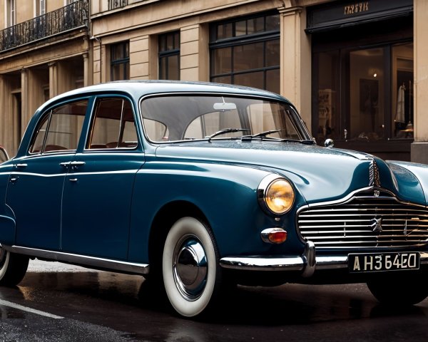 Vintage Blue Car on Wet Street with Classic Architecture