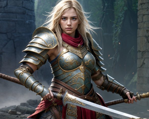 Fierce warrior in ornate armor in misty landscape