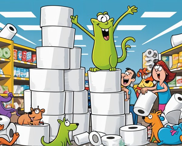 Cheerful Creature on Toilet Paper Pile in Store Aisle