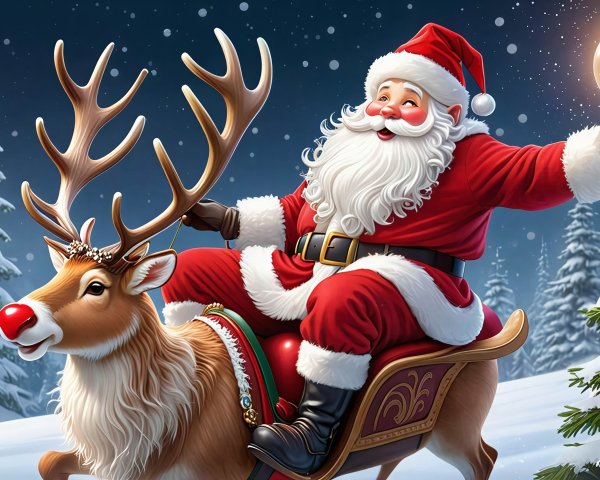 Festive Santa Claus Riding a Reindeer Illustration
