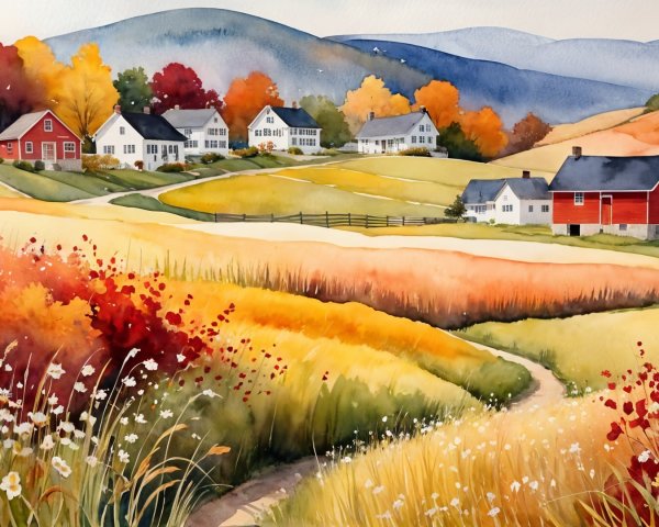 Vibrant Autumn Landscape with Rolling Hills and Houses