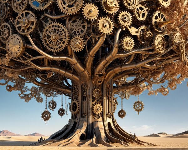 Majestic Steampunk Tree in a Desert Landscape