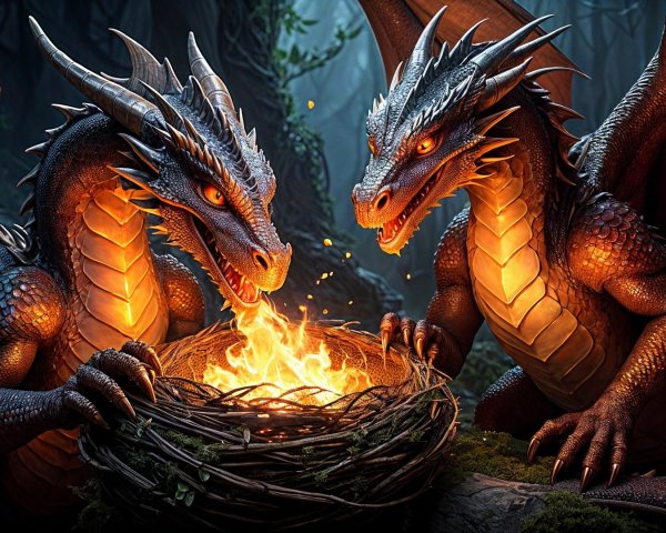 Dragons Guarding a Fiery Nest in a Mystical Forest