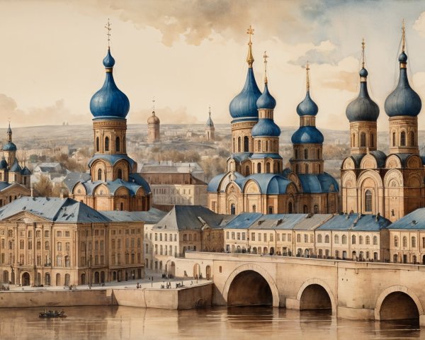 Picturesque cityscape with blue domes and serene river