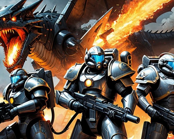 Armored Soldiers and Dragon in Sci-Fi Battle Scene