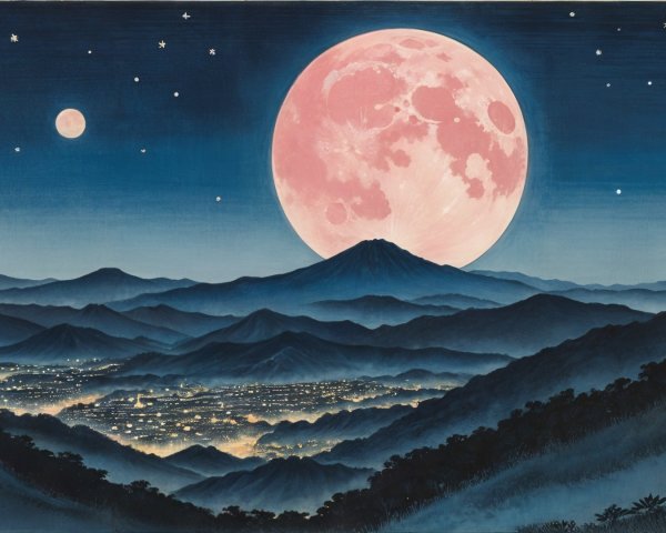 Nighttime Mountain Landscape with Full Moon and Stars