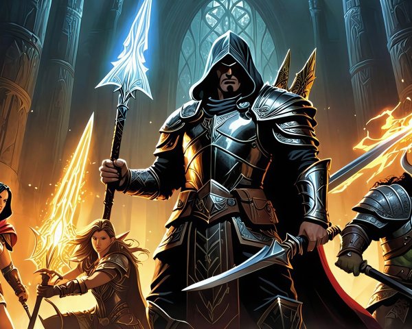 Four Warriors in a Grand Dimly Lit Hall with Weapons