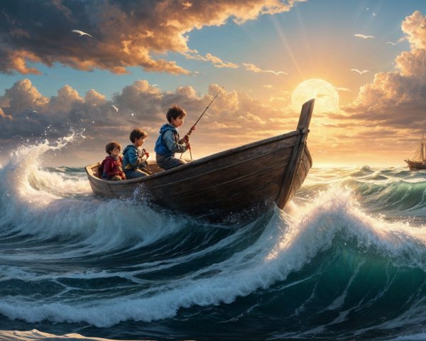 Wooden Boat Fishing at Sunset with Children and Waves
