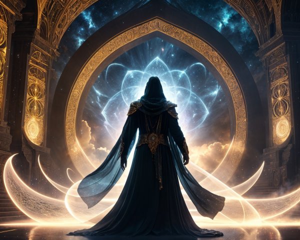 Mysterious Figure Before Celestial Portal at Night