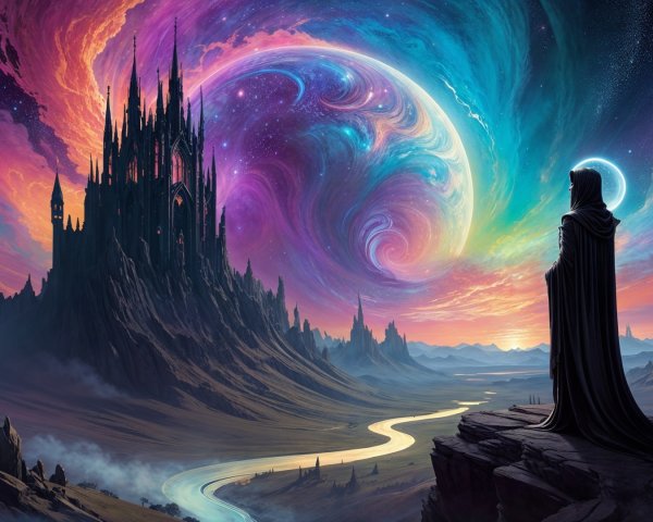 Cloaked Figure Overlooks Cosmic Landscape and Castle